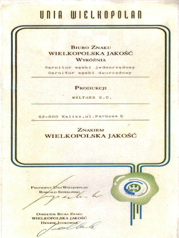 Wielkopolska Jako -  men's bespoke suits quality certificate for WELTMEX